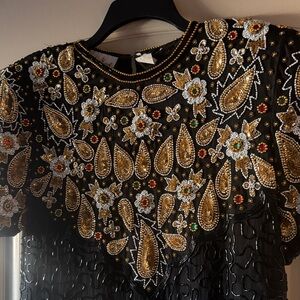 Embellished Black Beaded Short Sleeve Top